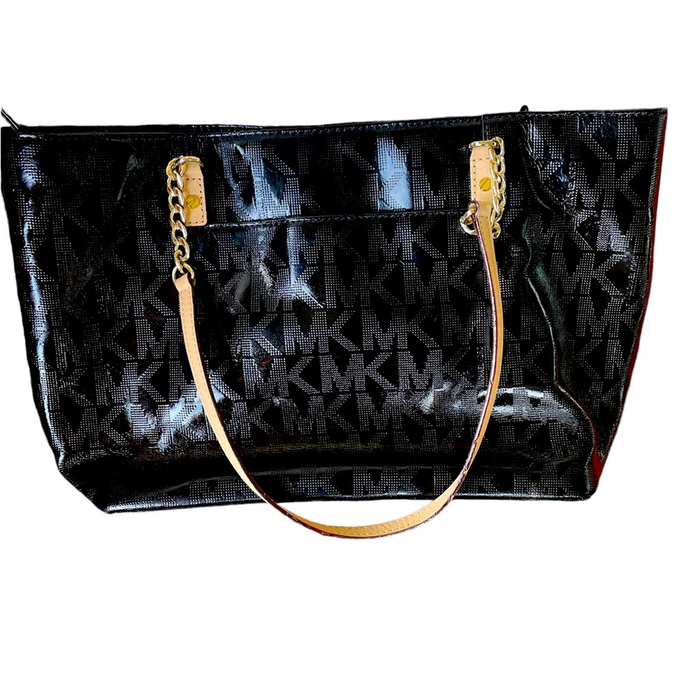 Price$ drop! ⬇️ Michael Kors Black Patent Leather MK Monogrammed Tote Bag